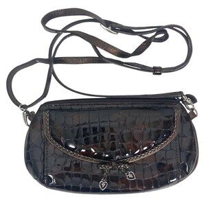 Brighton Croc Embossed Patent Leather Brown Cross Body Bag Converts To Clutch